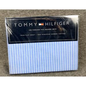 Tommy Hilfiger Twin Flat Sheet 100% Cotton Lincoln Ave Blue White Stripe NOS NEW